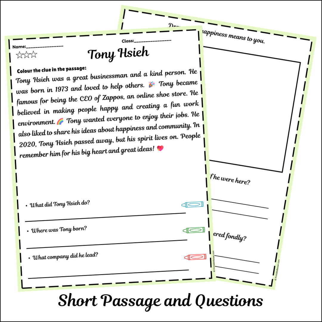 Tony Hsieh | Short Reading Comprehension Creative Worksheet