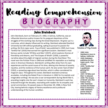 John Steinbeck | Biography Reading Comprehension and Questions Worksheet