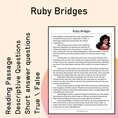 Ruby Bridges | Reading Comprehension Passage Printable Activity