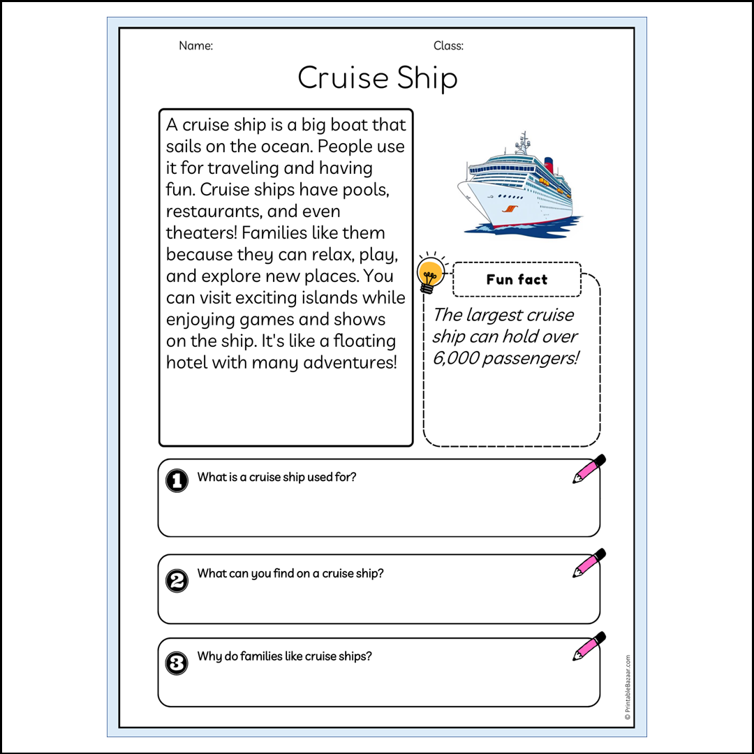 Cruise Ship | Reading Passage Comprehension Questions Writing Facts Worksheet