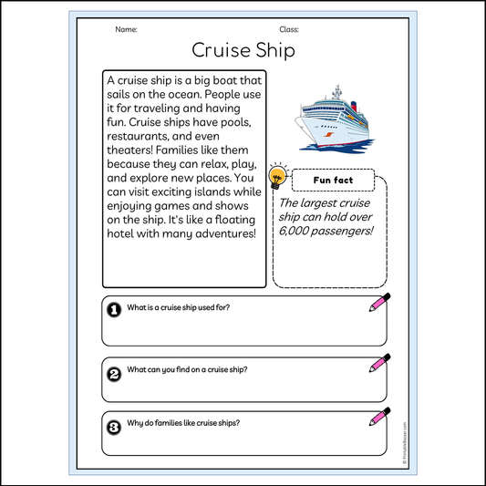 Cruise Ship | Reading Passage Comprehension Questions Writing Facts Worksheet