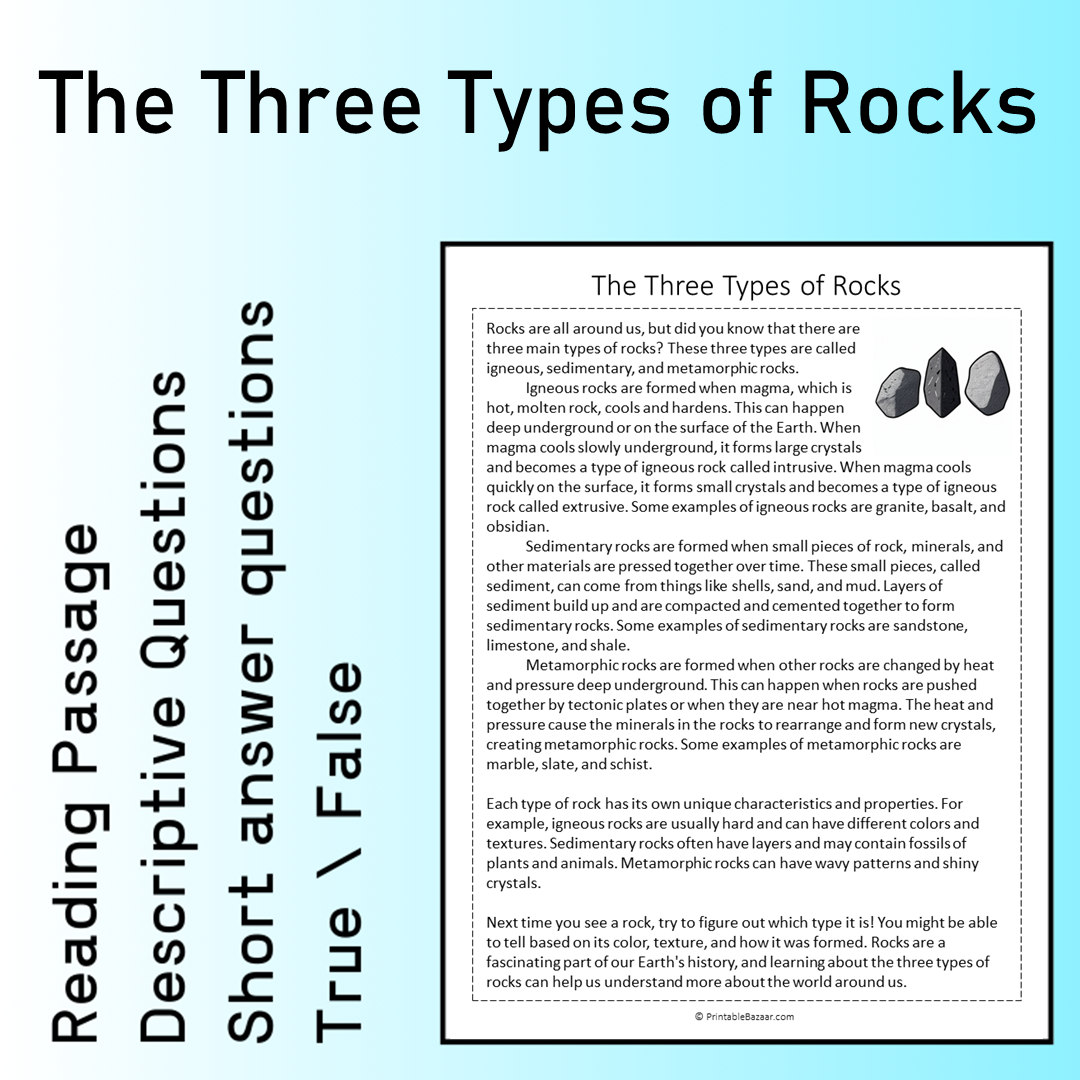 The Three Types of Rocks | Reading Comprehension Passage Printable Worksheet