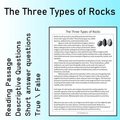 The Three Types of Rocks | Reading Comprehension Passage Printable Worksheet