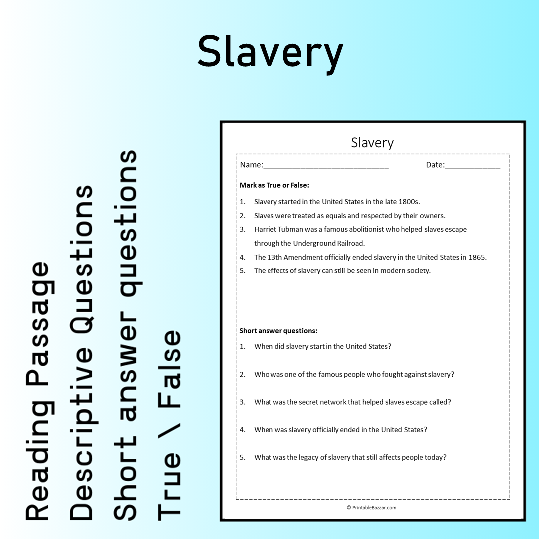 Slavery | Reading Comprehension Passage Printable Worksheet