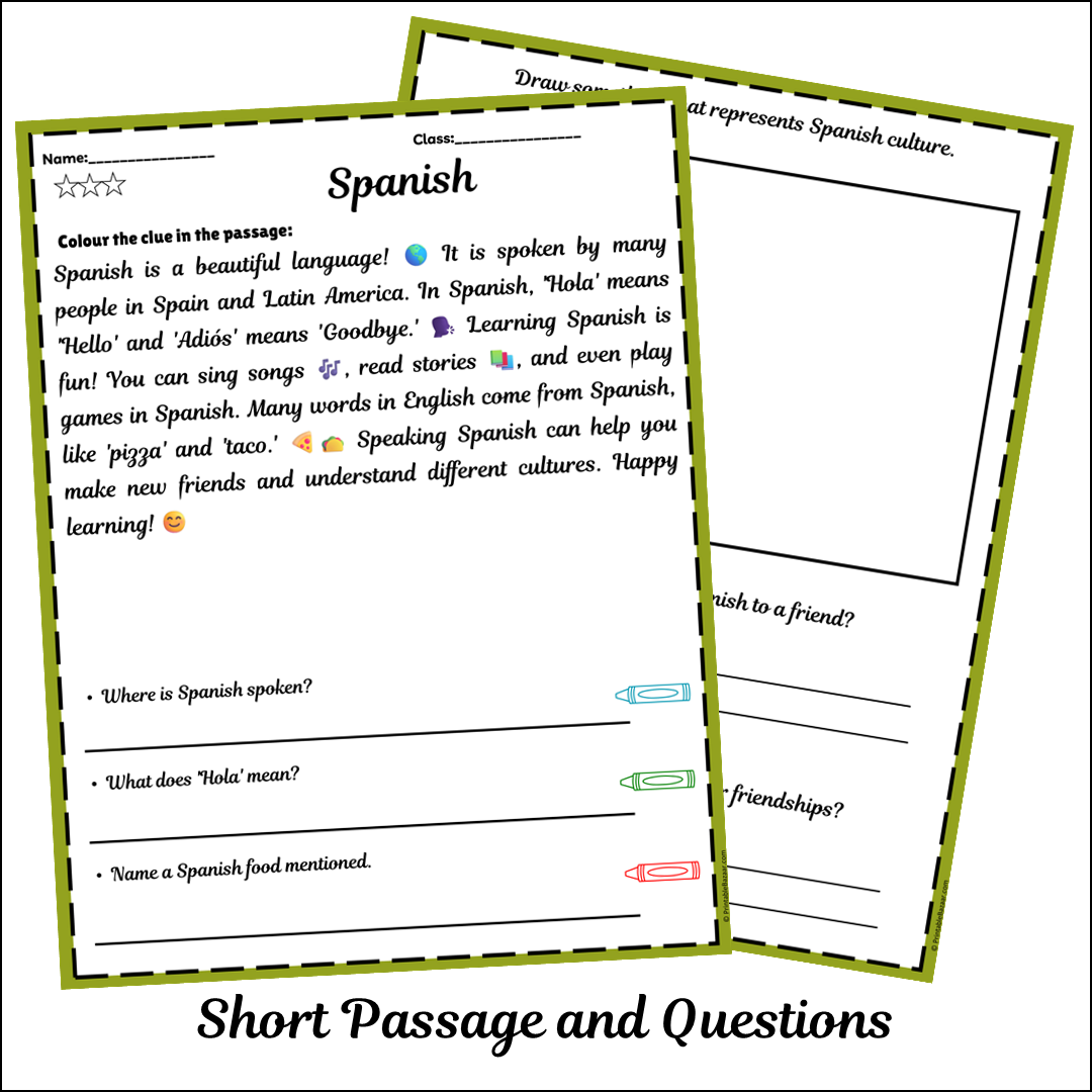 Spanish | Short Reading Comprehension Creative Worksheet