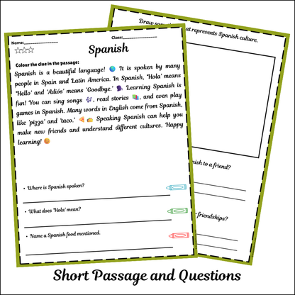 Spanish | Short Reading Comprehension Creative Worksheet