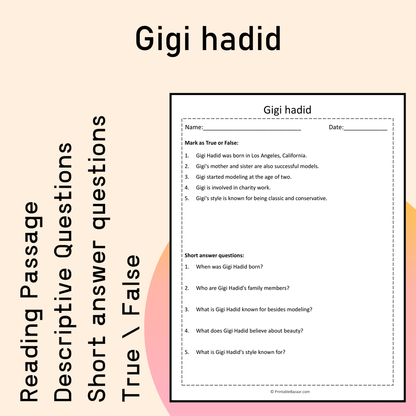 Gigi hadid | Reading Comprehension Passage Printable Activity