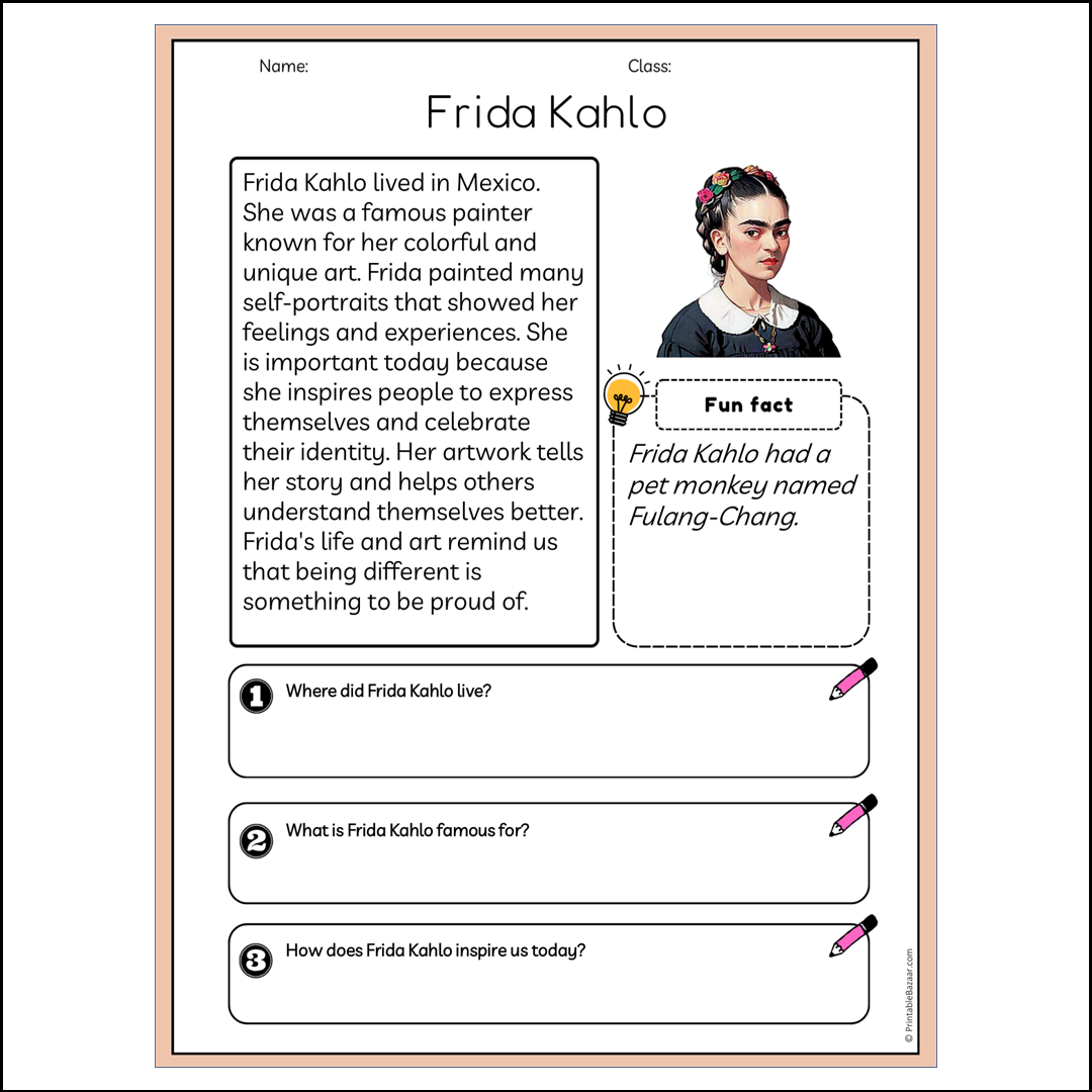 Frida Kahlo | Reading Passage Comprehension Questions Writing Facts Worksheet