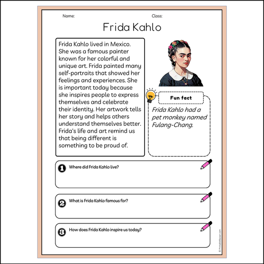 Frida Kahlo | Reading Passage Comprehension Questions Writing Facts Worksheet