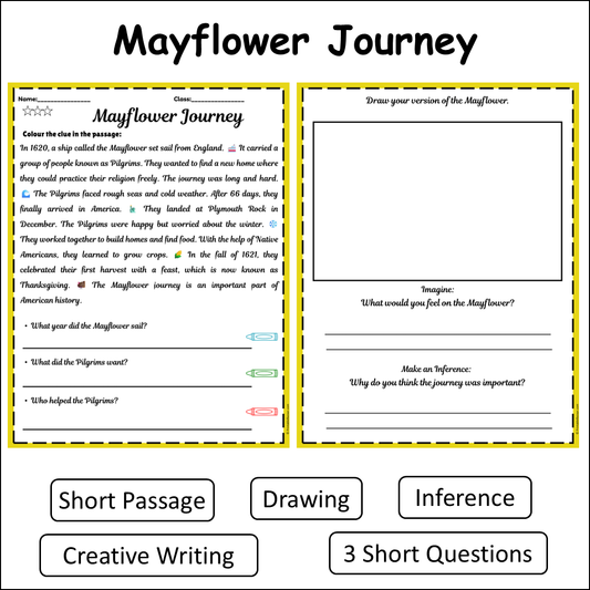 Mayflower Journey | Short Reading Comprehension Creative Worksheet