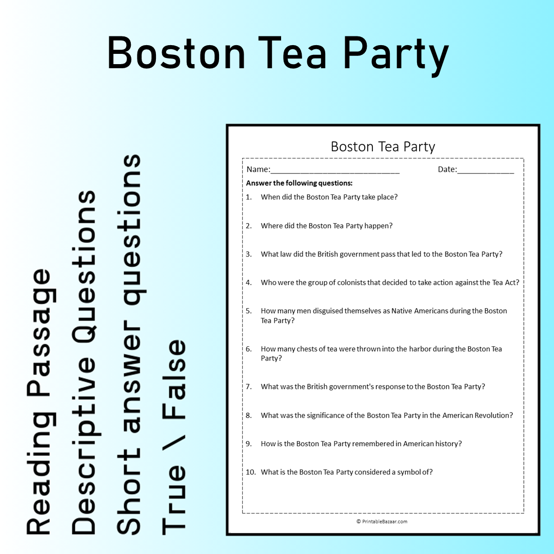 Boston Tea Party | Reading Comprehension Passage Printable Worksheet