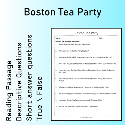 Boston Tea Party | Reading Comprehension Passage Printable Worksheet