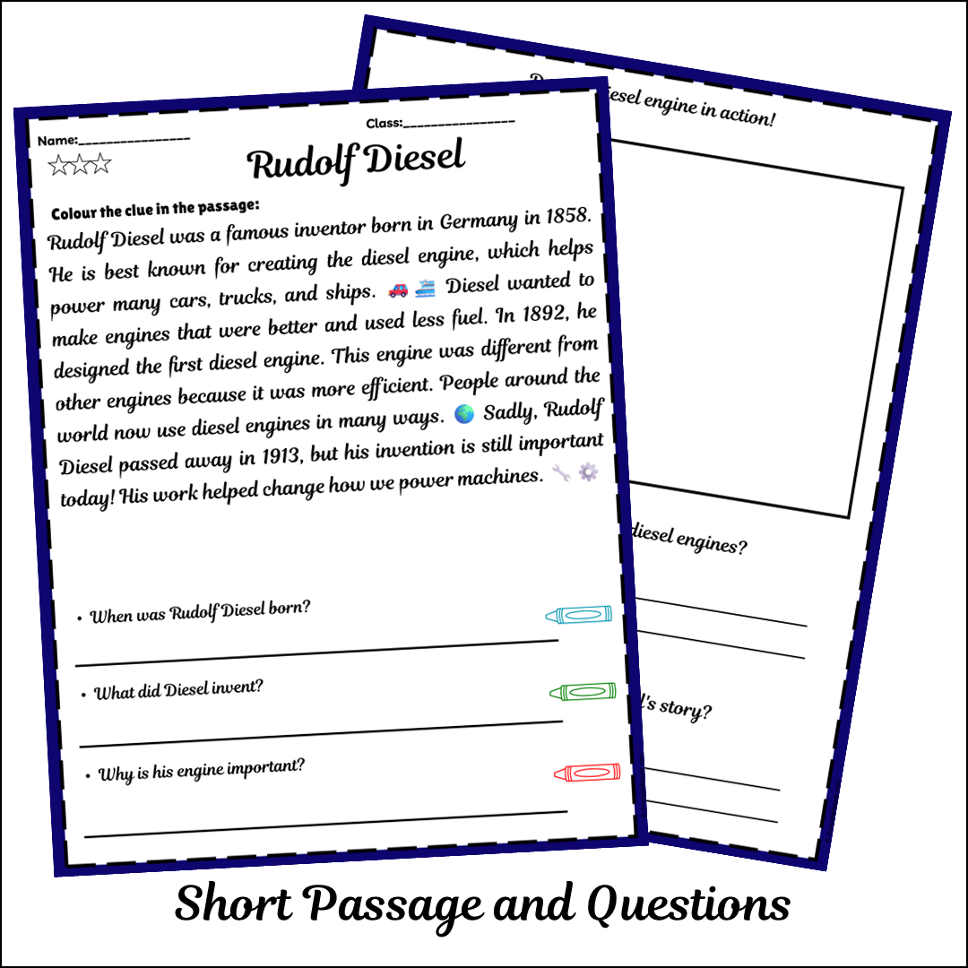 Rudolf Diesel | Short Reading Comprehension Creative Worksheet