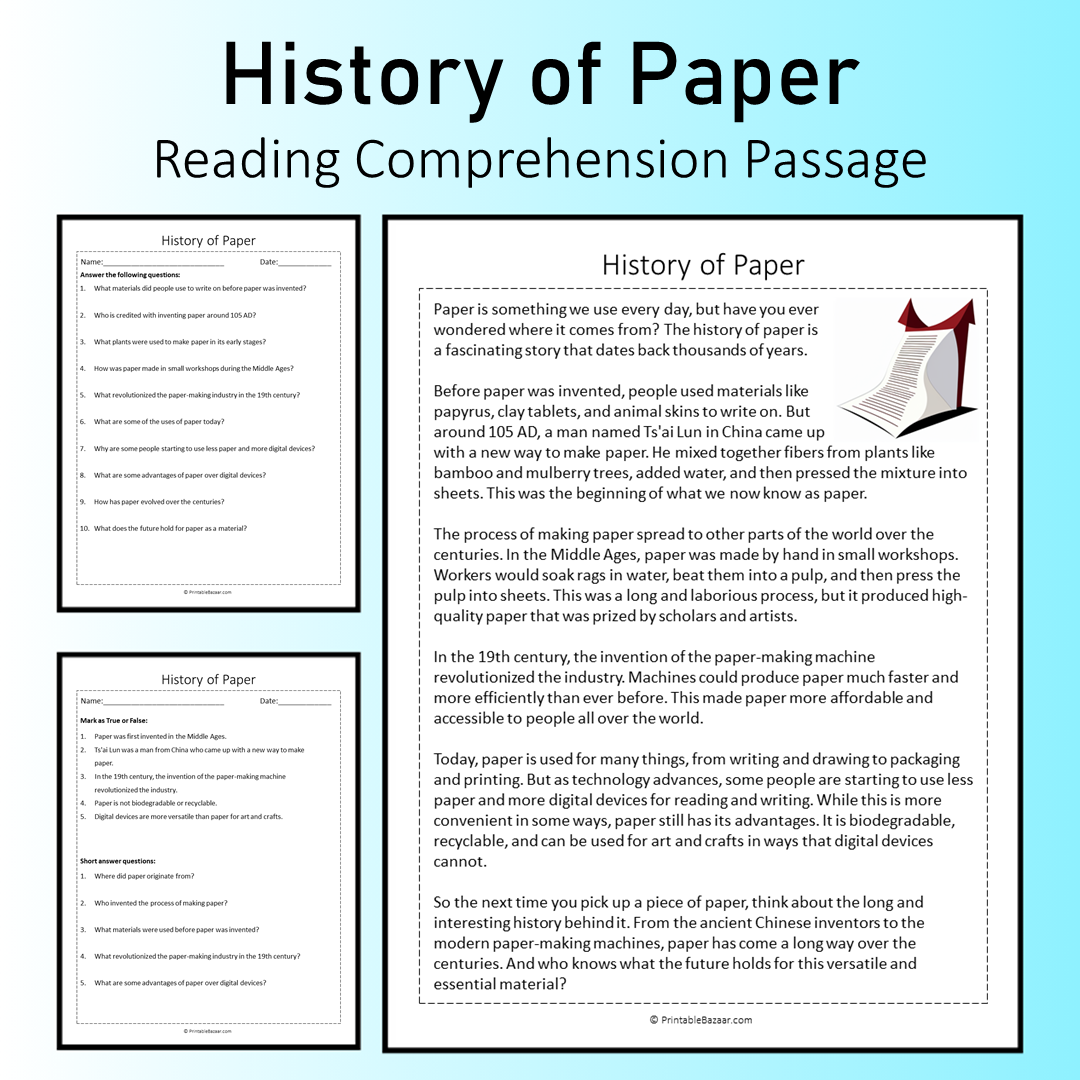 History of Paper | Reading Comprehension Passage Printable Worksheet