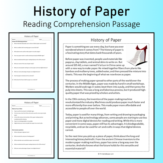 History of Paper | Reading Comprehension Passage Printable Worksheet