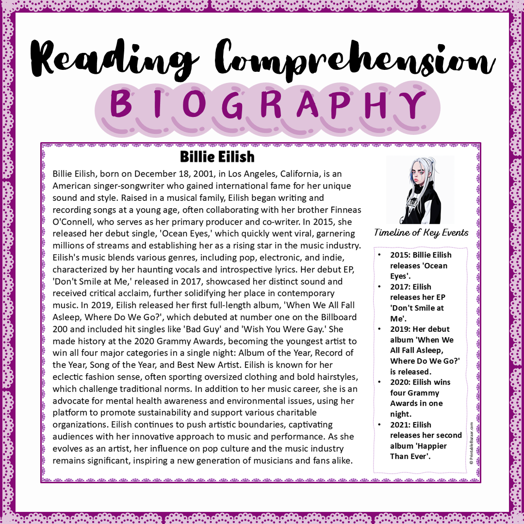 Billie Eilish | Biography Reading Comprehension and Questions Worksheet