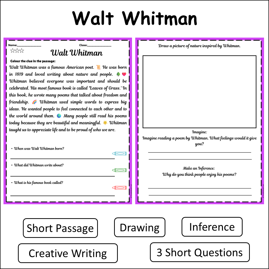 Walt Whitman | Short Reading Comprehension Creative Worksheet