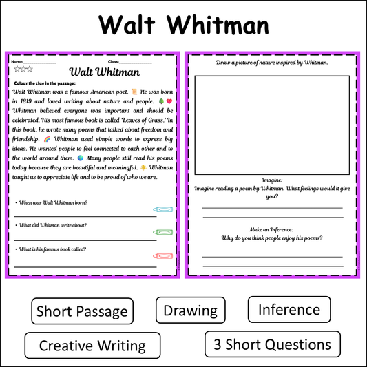 Walt Whitman | Short Reading Comprehension Creative Worksheet