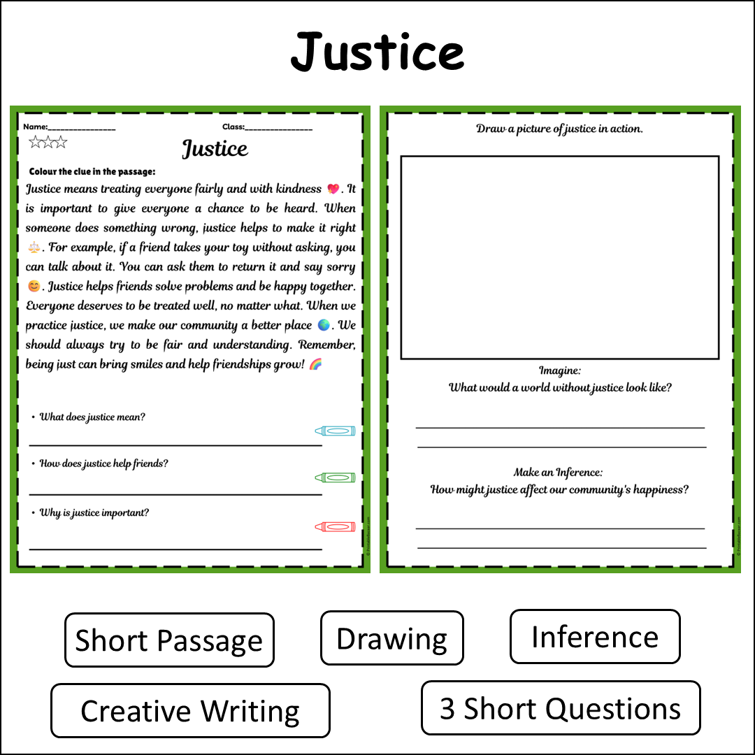 Justice | Short Reading Comprehension Creative Worksheet