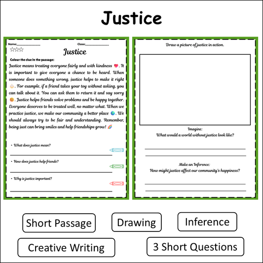 Justice | Short Reading Comprehension Creative Worksheet