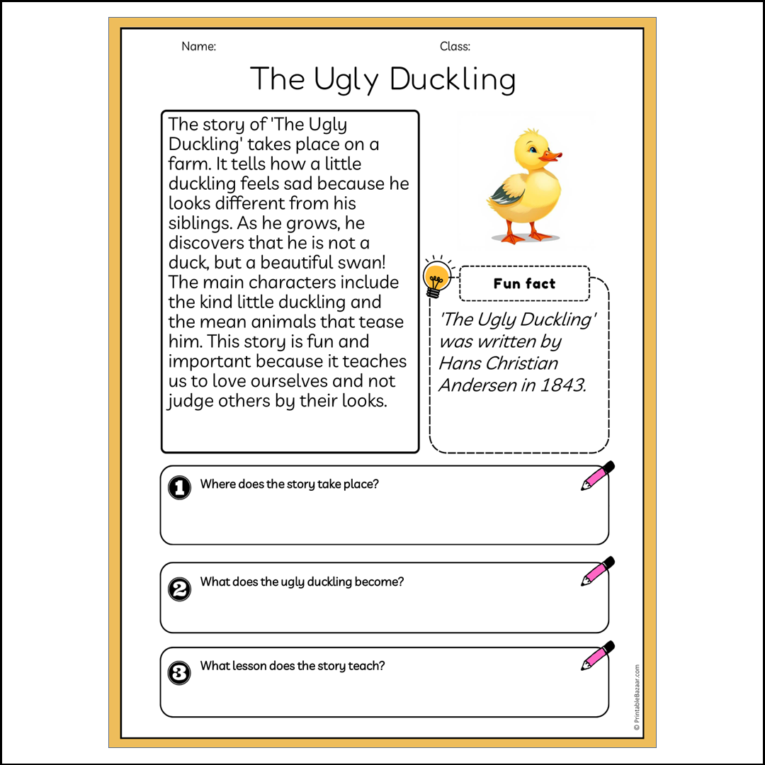 The Ugly Duckling | Reading Passage Comprehension Questions Writing Facts Worksheet