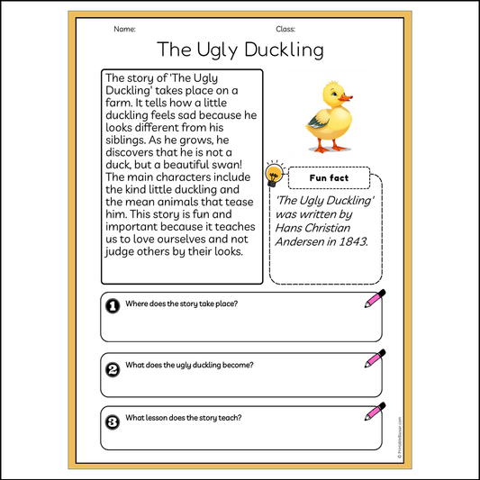 The Ugly Duckling | Reading Passage Comprehension Questions Writing Facts Worksheet