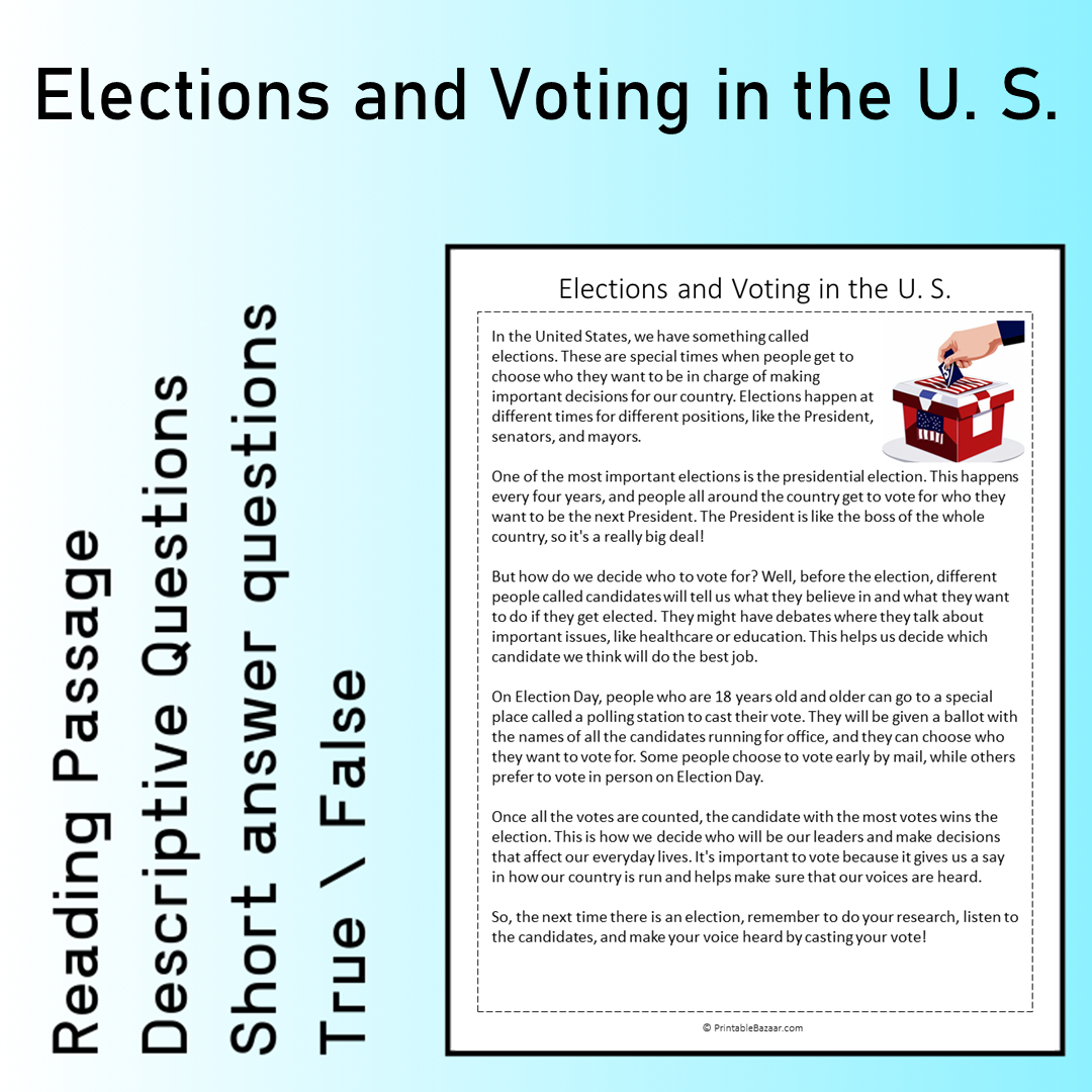 Elections and Voting in the U. S. | Reading Comprehension Passage Printable Worksheet