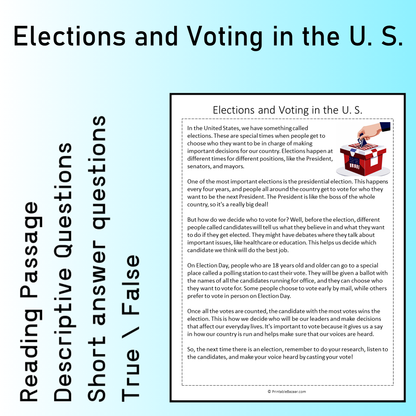 Elections and Voting in the U. S. | Reading Comprehension Passage Printable Worksheet