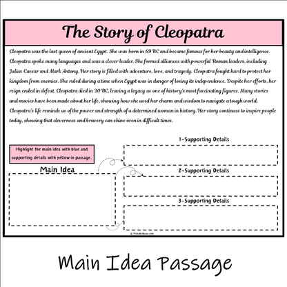 The Story of Cleopatra | Main Idea and Supporting Details Reading Passage and Questions