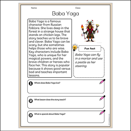 Baba Yaga | Reading Passage Comprehension Questions Writing Facts Worksheet