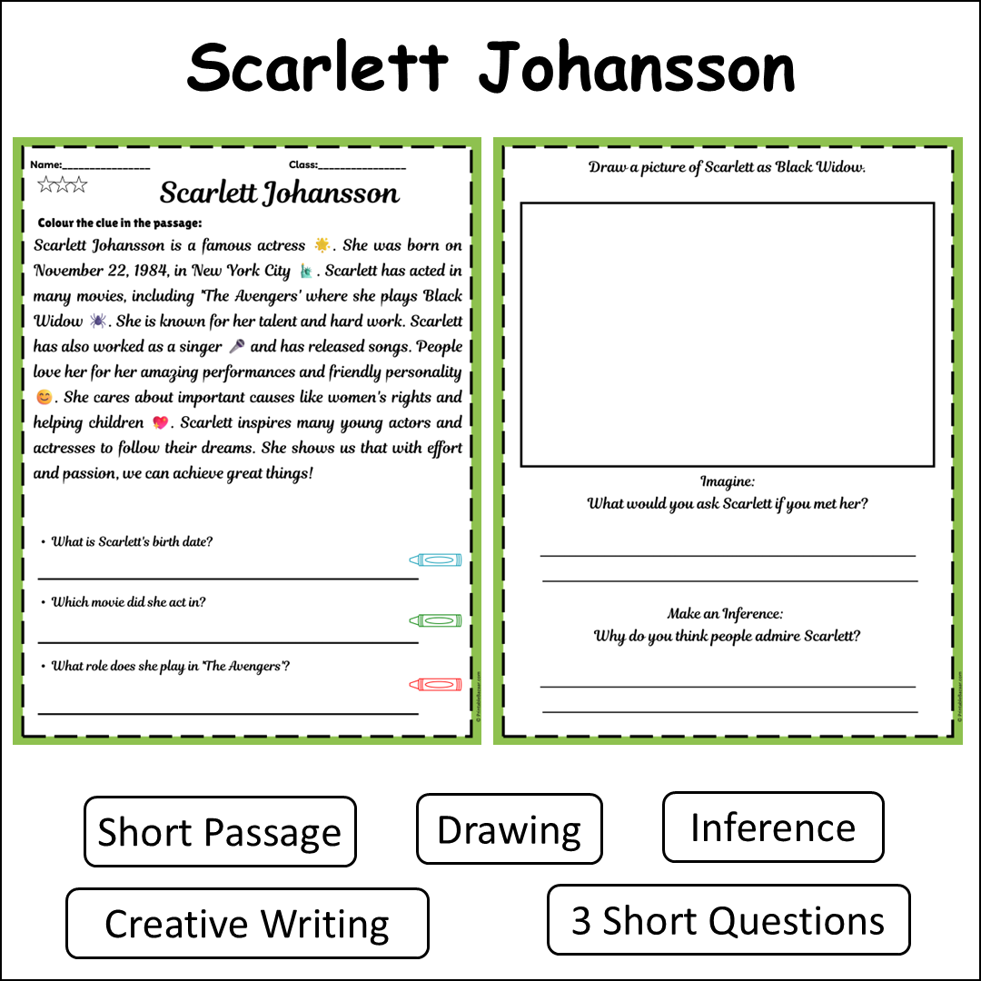 Scarlett Johansson | Short Reading Comprehension Creative Worksheet