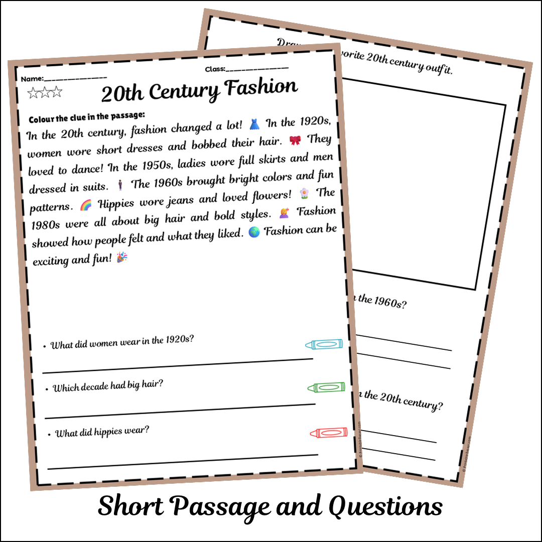 20th Century Fashion | Short Reading Comprehension Creative Worksheet