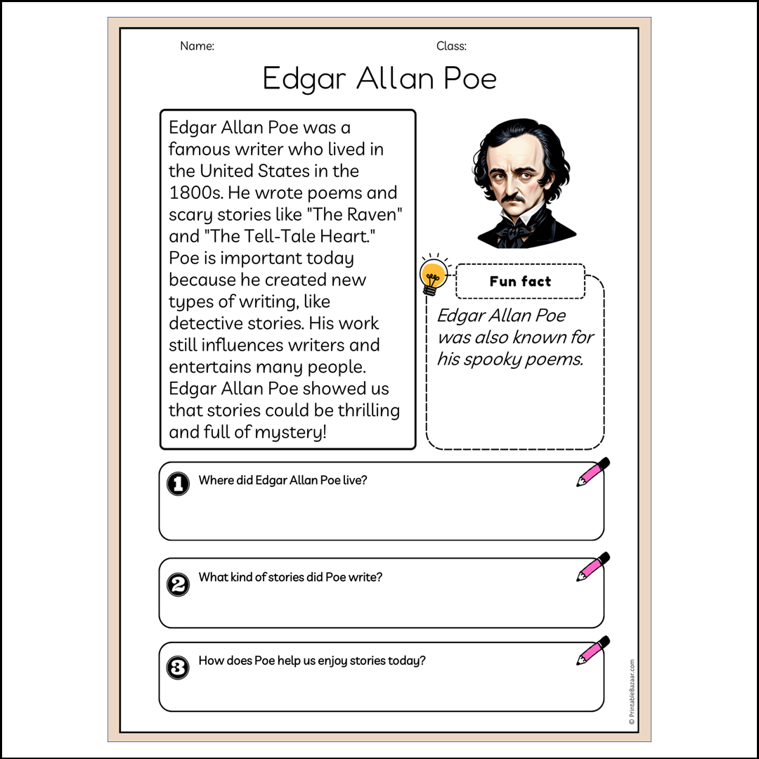 Edgar Allan Poe | Reading Passage Comprehension Questions Writing Facts Worksheet