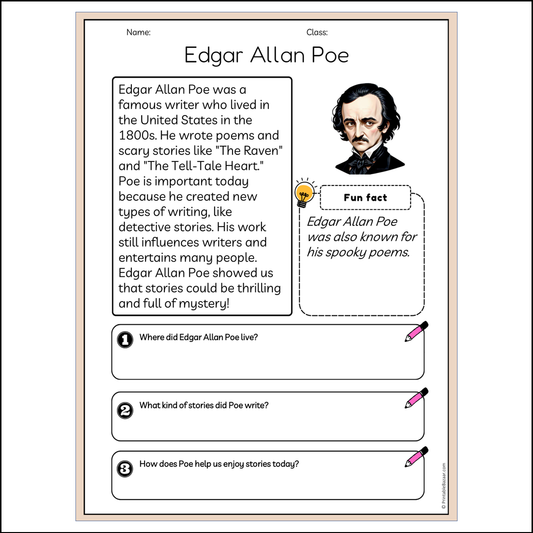 Edgar Allan Poe | Reading Passage Comprehension Questions Writing Facts Worksheet