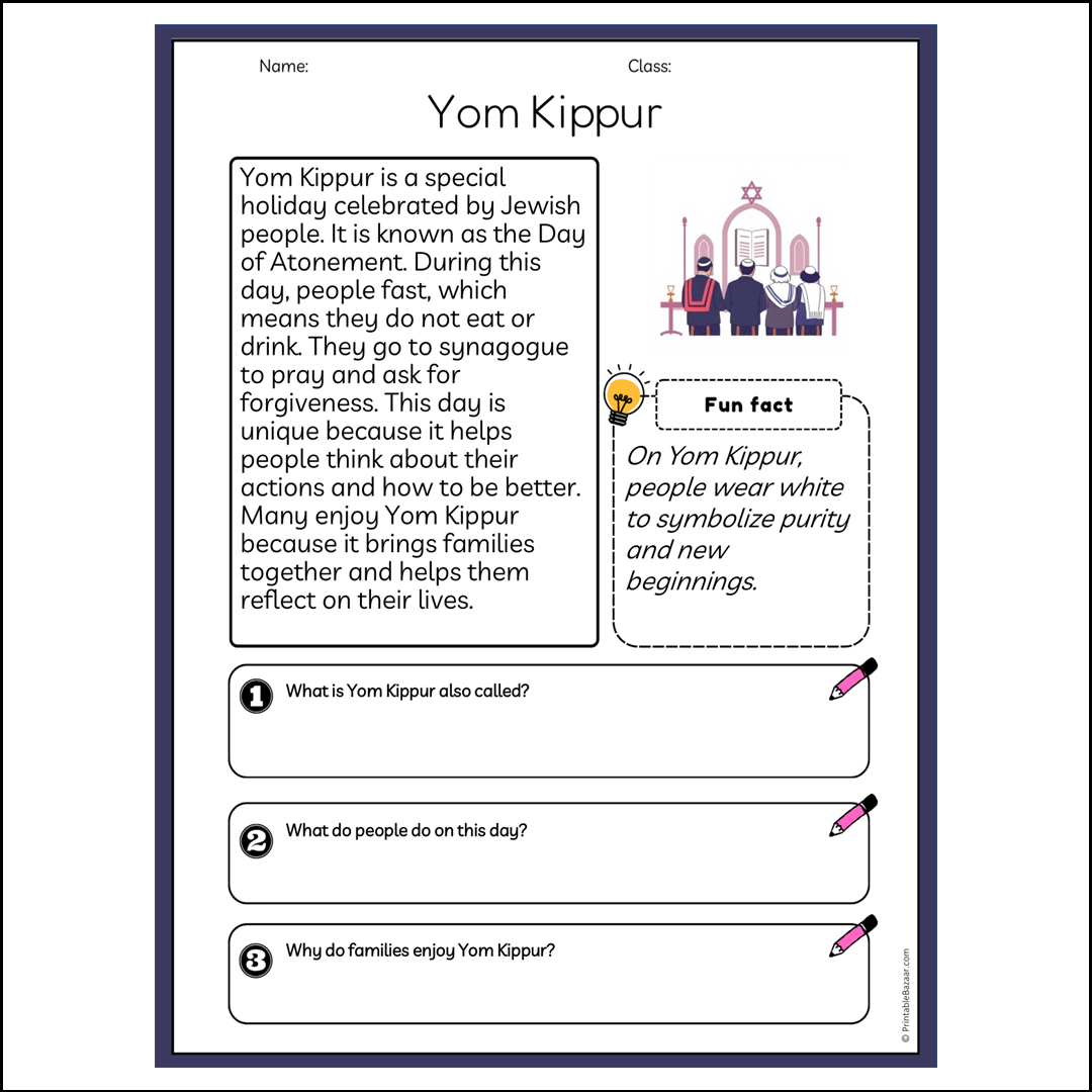 Yom Kippur | Reading Passage Comprehension Questions Writing Facts Worksheet