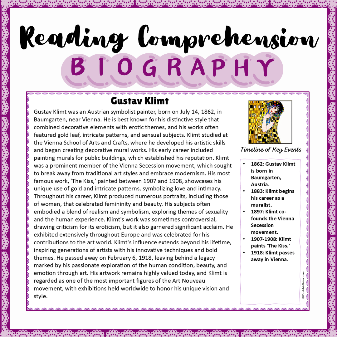 Gustav Klimt | Biography Reading Comprehension and Questions Worksheet