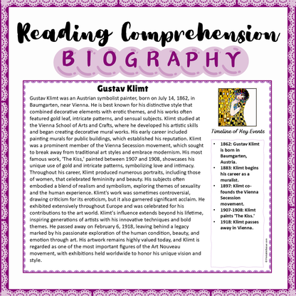 Gustav Klimt | Biography Reading Comprehension and Questions Worksheet