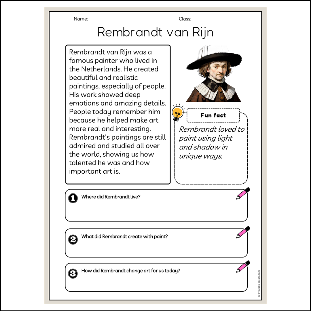 Rembrandt van Rijn | Reading Passage Comprehension Questions Writing Facts Worksheet