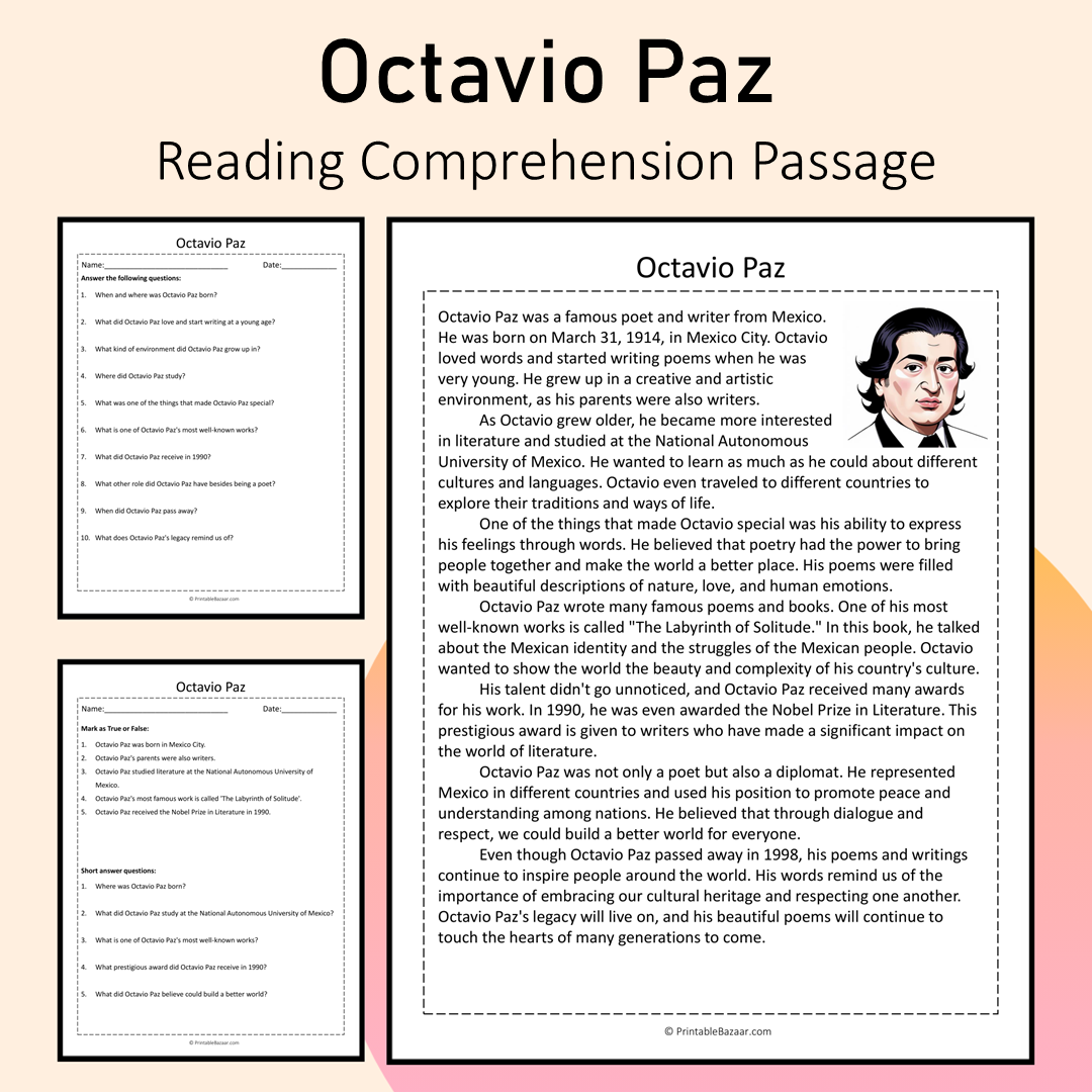 Octavio Paz | Reading Comprehension Passage Printable Activity
