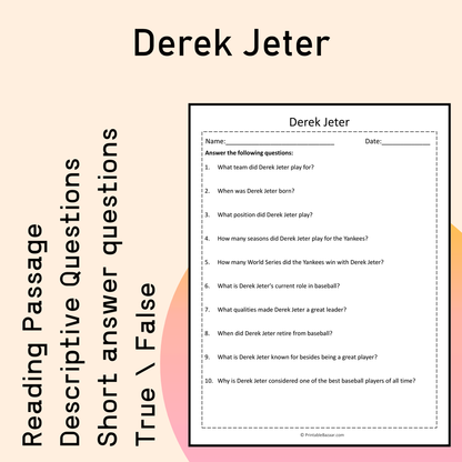Derek Jeter | Reading Comprehension Passage Printable Activity