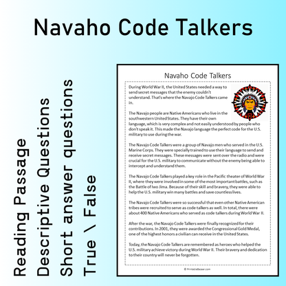 Navaho Code Talkers | Reading Comprehension Passage Printable Worksheet