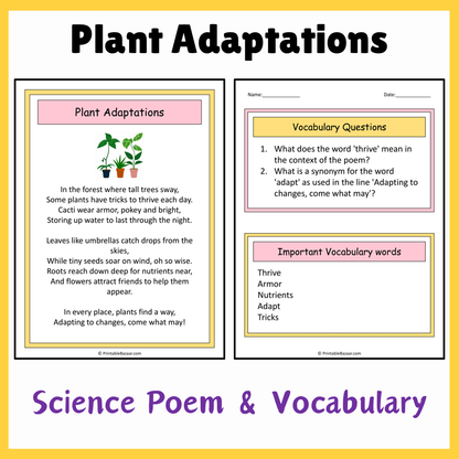 Plant Adaptations | Science Poem Reading Comprehension Activity