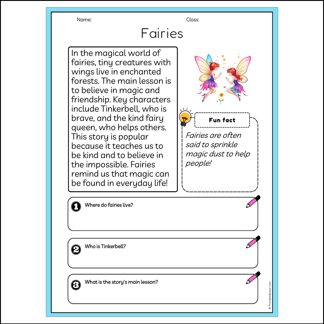 Fairies | Reading Passage Comprehension Questions Writing Facts Worksheet