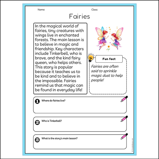 Fairies | Reading Passage Comprehension Questions Writing Facts Worksheet