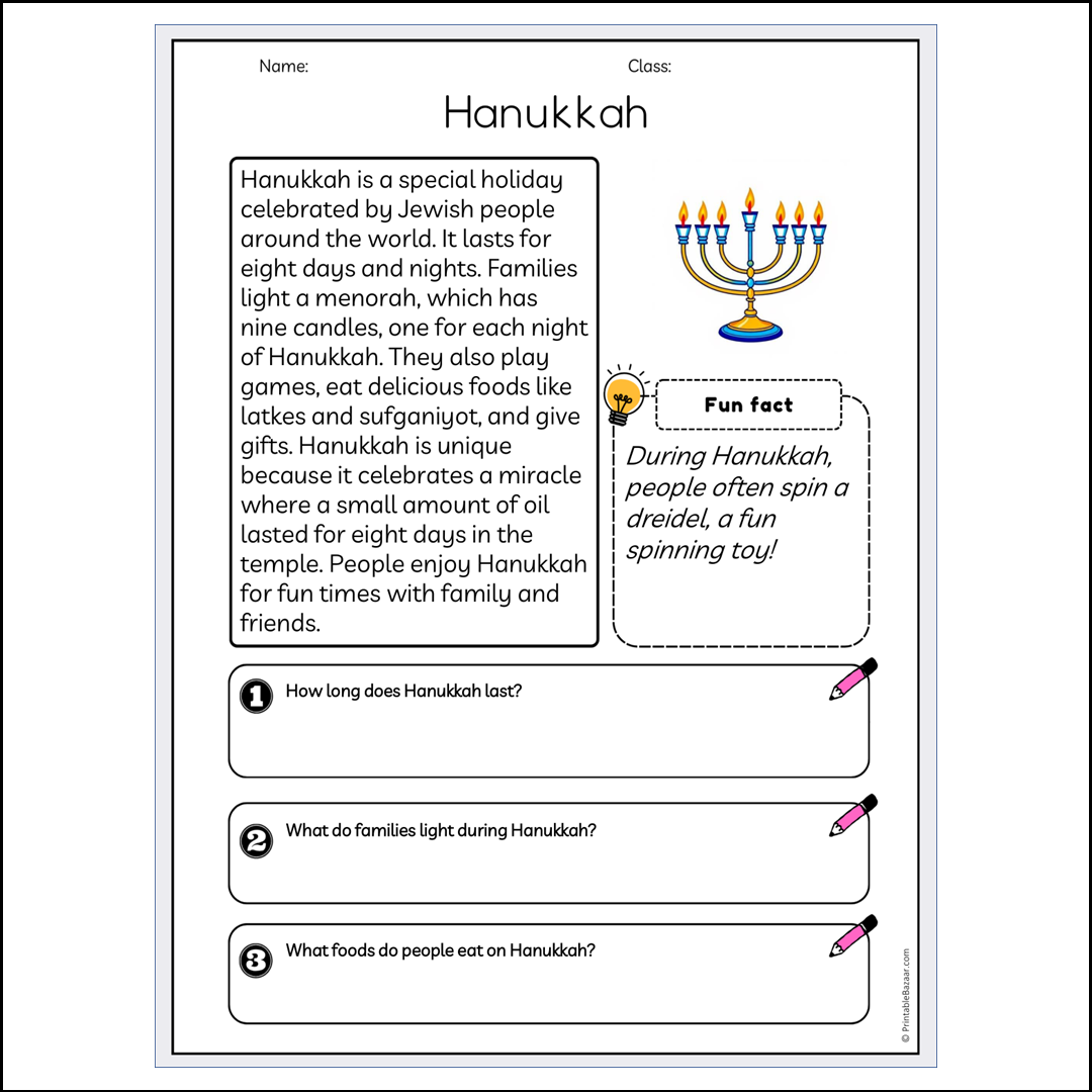 Hanukkah | Reading Passage Comprehension Questions Writing Facts Worksheet