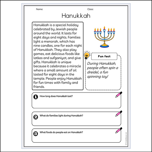 Hanukkah | Reading Passage Comprehension Questions Writing Facts Worksheet