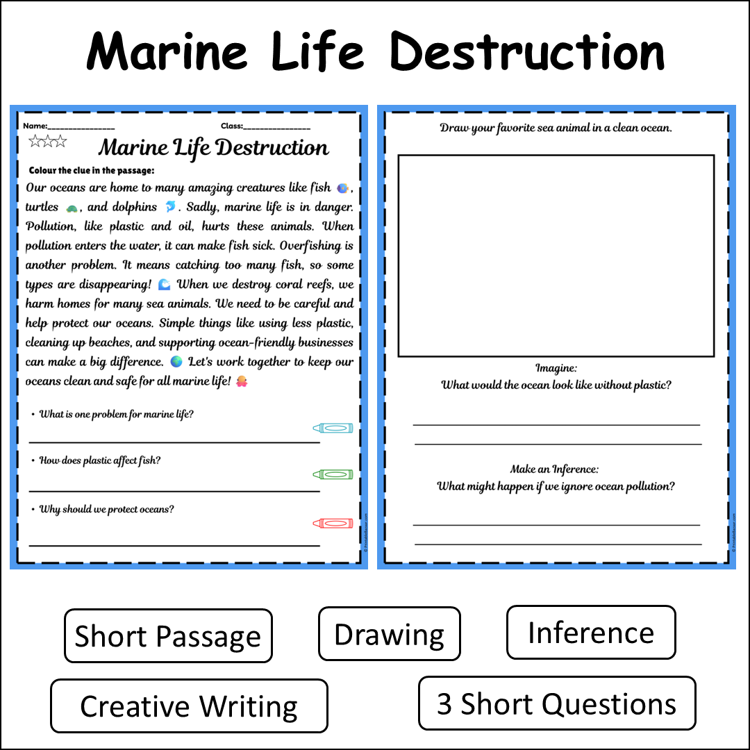 Marine Life Destruction | Short Reading Comprehension Creative Worksheet