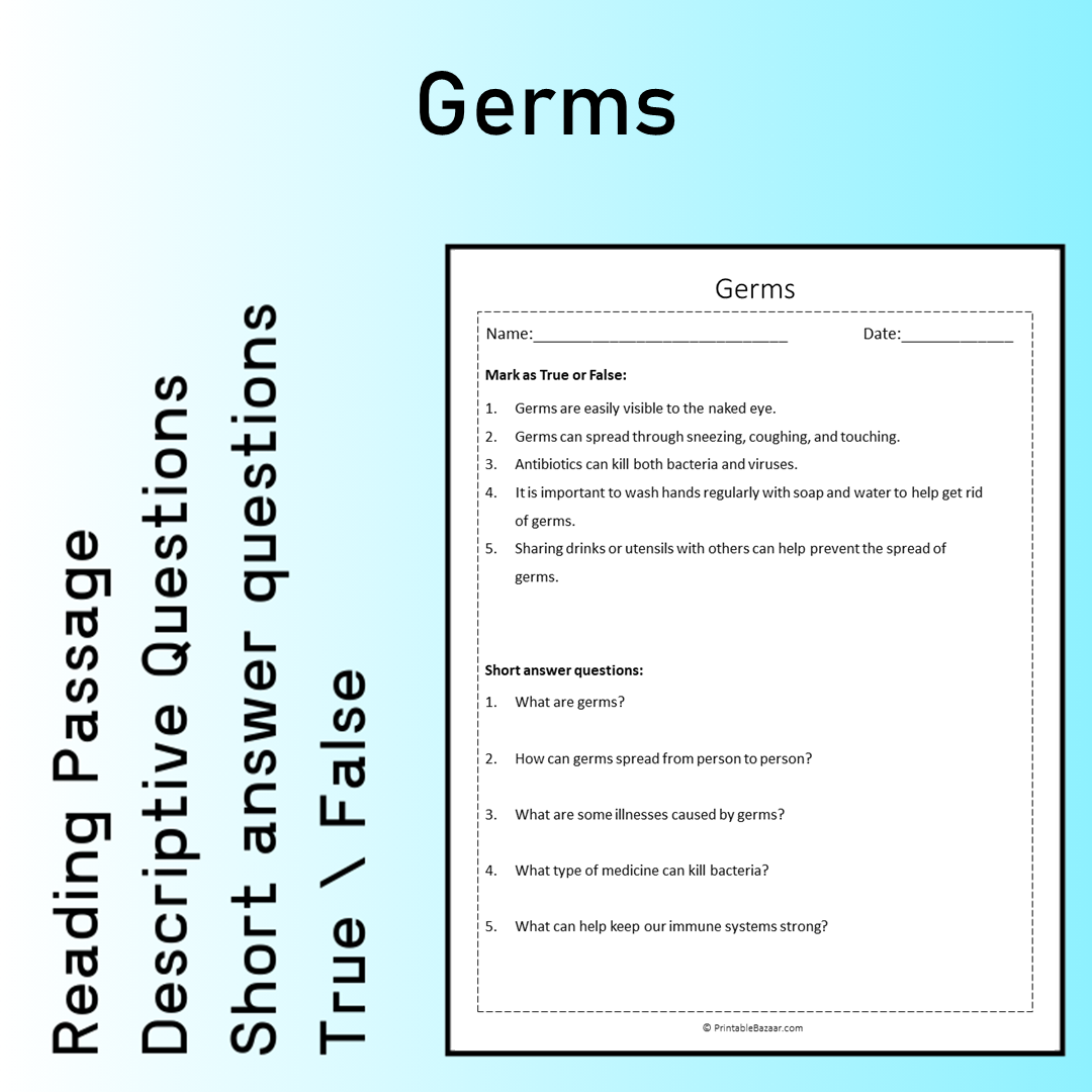 Germs | Reading Comprehension Passage Printable Worksheet