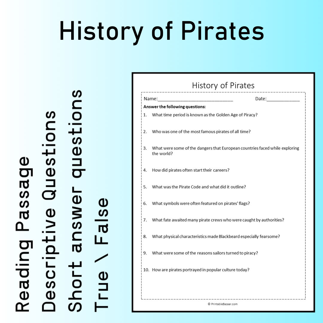 History of Pirates | Reading Comprehension Passage Printable Worksheet