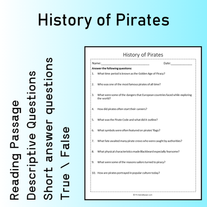 History of Pirates | Reading Comprehension Passage Printable Worksheet